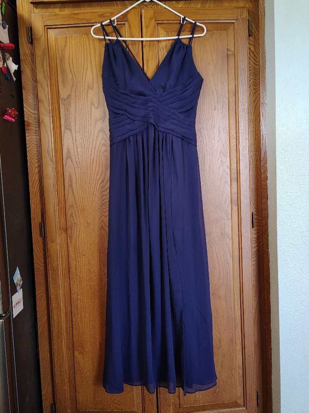 David's Bridal Formal Dress Ruched V-neck Double Spag Straps Marine Chiffon Sz 8
